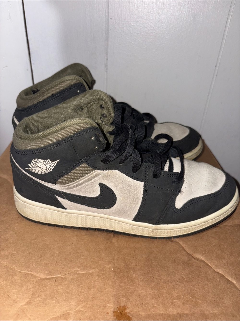 Jordan Kids' Mid-Top Sneakers in Black and Olive size 7Y